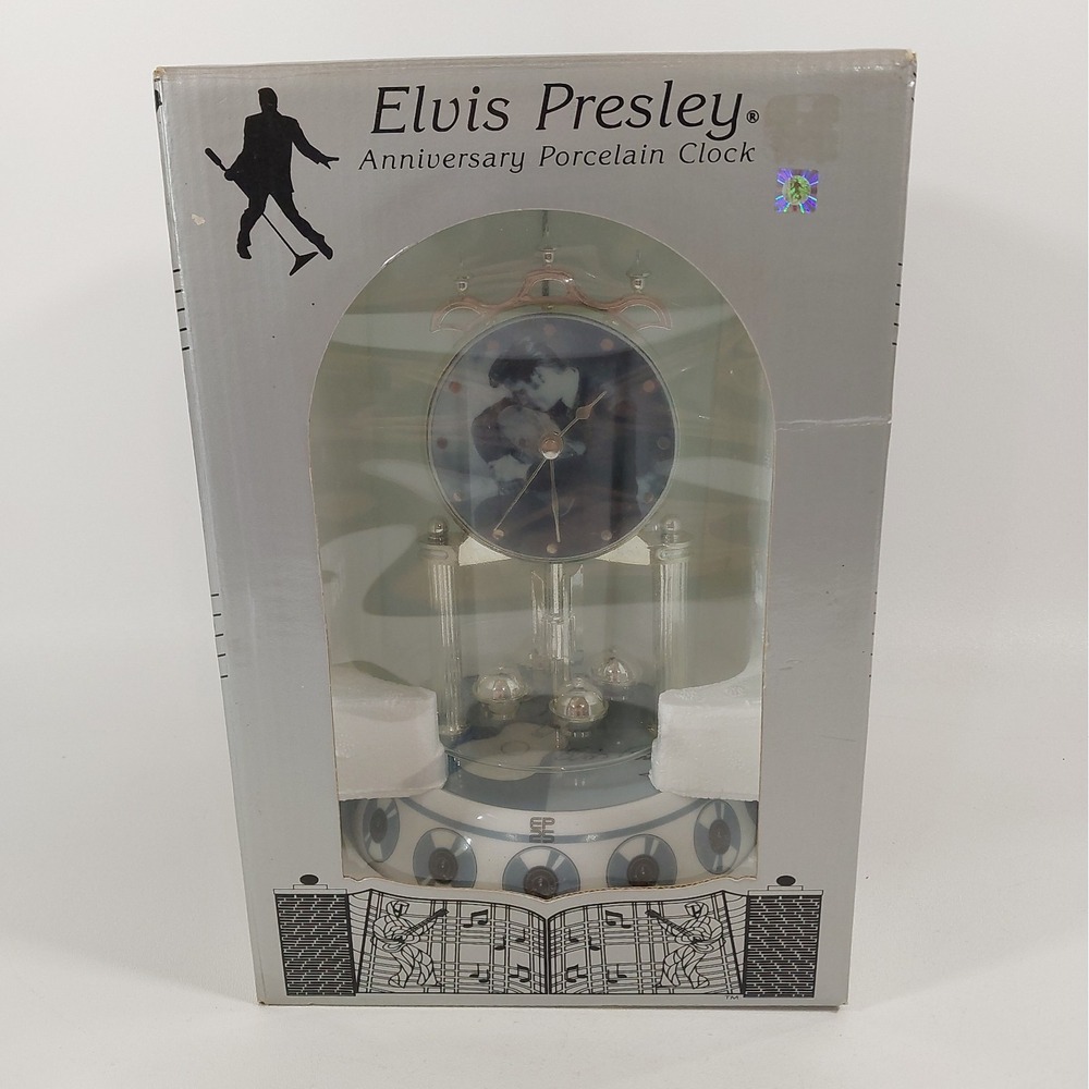 ELVIS PRESLEY 25 Silver Anniversary Clock Porcelain Base Rotate Glass Dome NIB